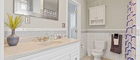 Hair dryer, towels, soap, toilet paper