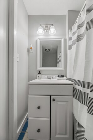 Secadora de cabello, toallas, jabón, papel de baño 