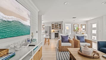 Smart TV, fireplace, books