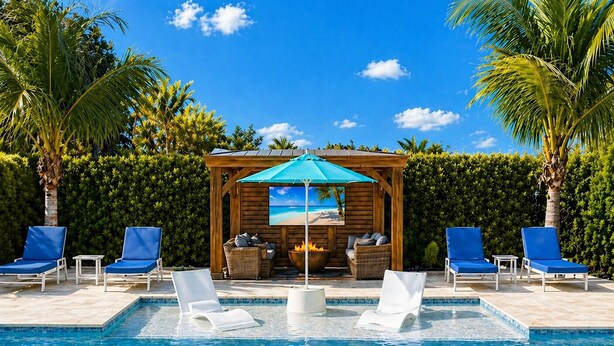 A pool area with lounge chairs, a wooden pergola with a view, and a fire pit.