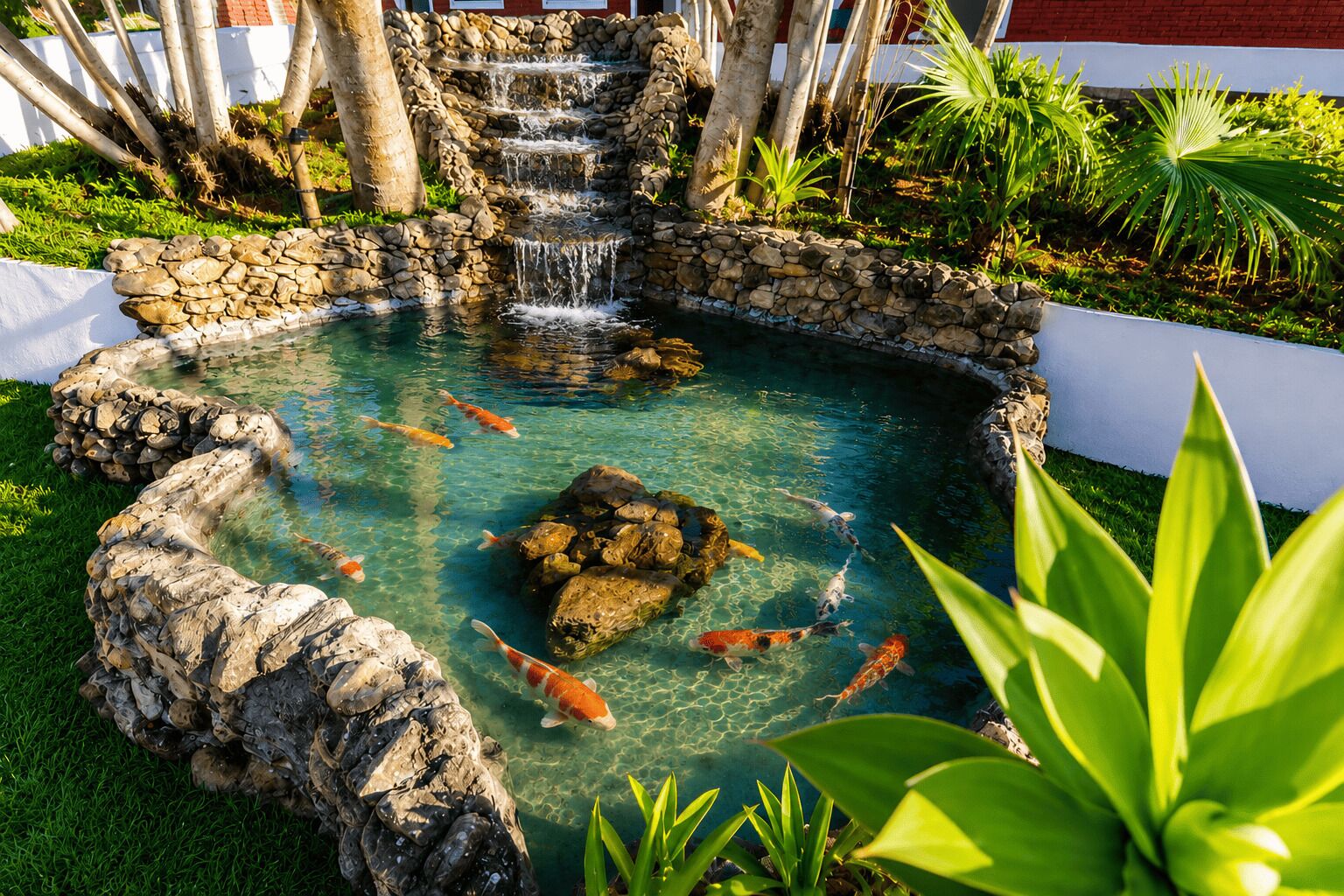 A koi pond with clear water, surrounded by rocks and plants.