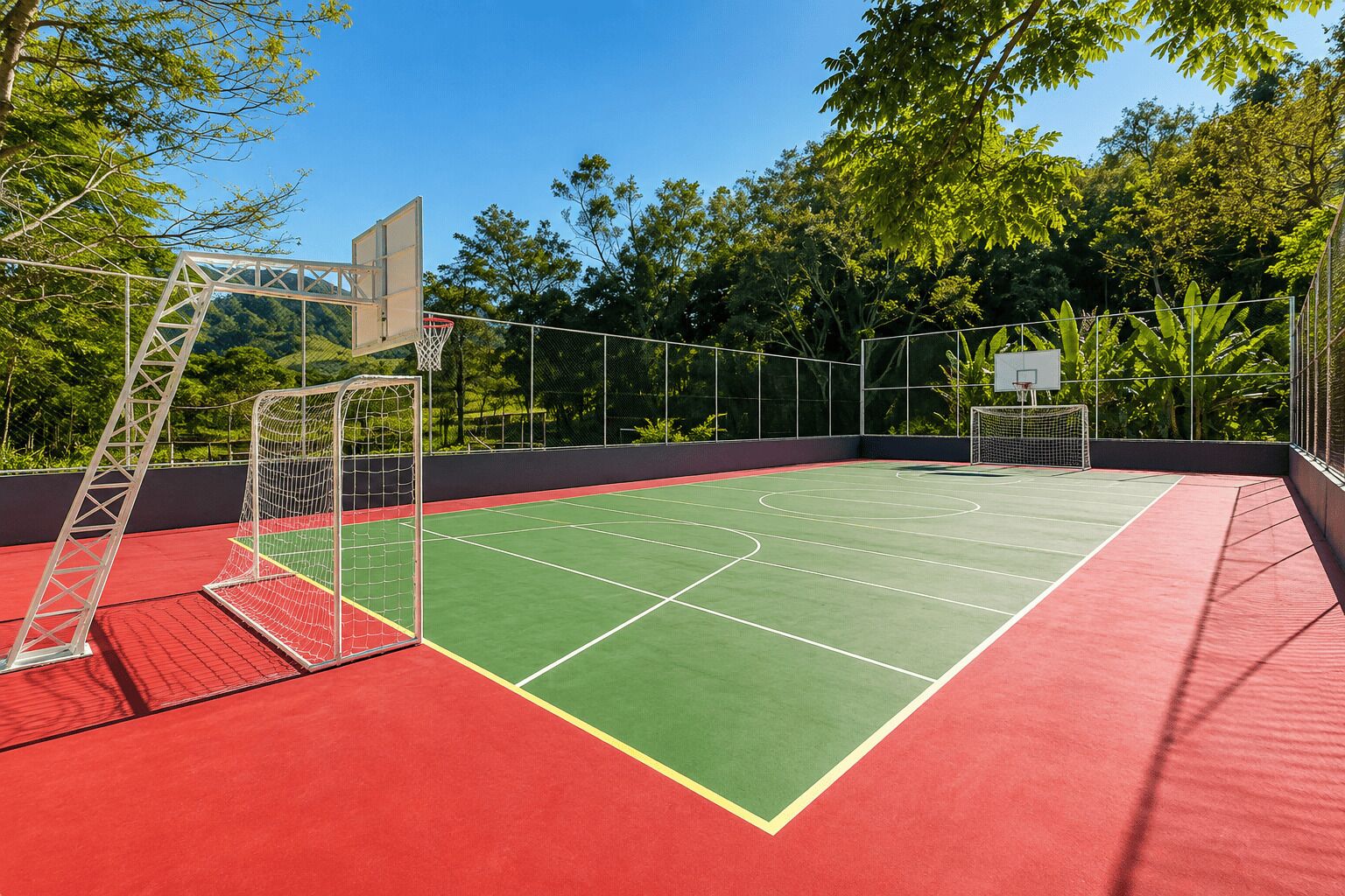An outdoor basketball court with two goals, surrounded by trees and a clear sky.