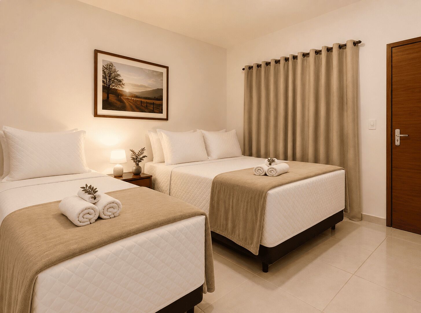 Quarto de hotel com duas camas, um quadro na parede, uma mesa de cabeceira com abajur e uma porta.