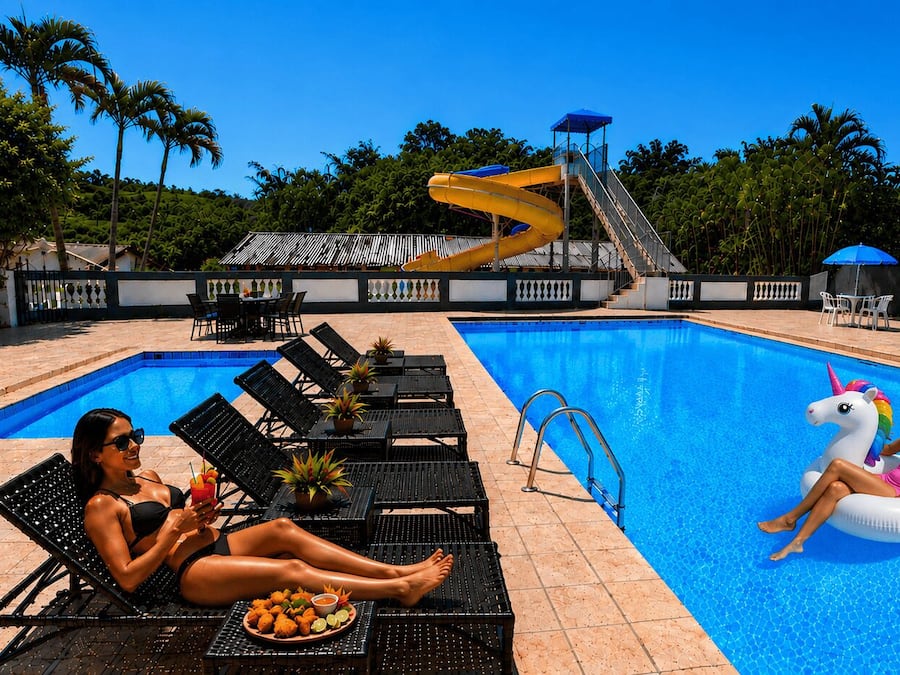 A swimming pool with lounge chairs, a water slide, and a unicorn float.