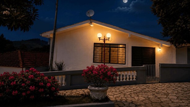 A two-story house with a satellite dish, a balcony with railing, and a garden with pink flowers. - Hotel Fazenda Águas de Lindóia (Águas de Lindóia)