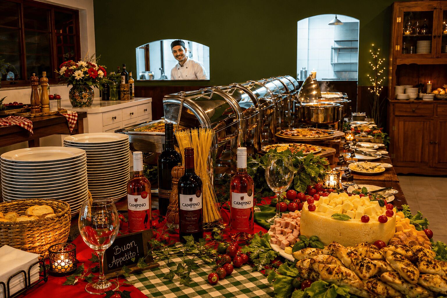 A buffet table with various food items, wine bottles, and a television screen in the background.