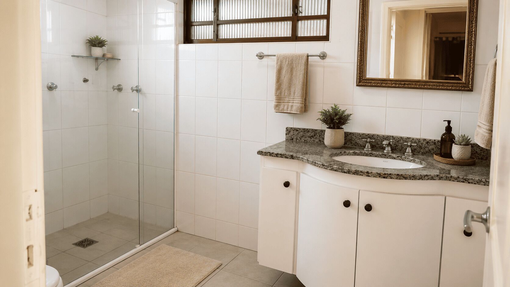 Uma casa de banho com cabine de duche em vidro, uma pia branca com bancada de granito e um espelho com moldura dourada.