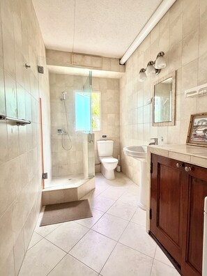 Dusche, Haartrockner, Handtücher, Seife