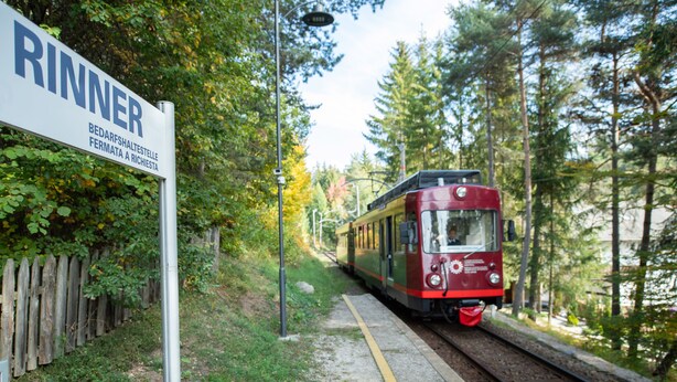 A train on tracks with a sign that reads 'RINNER' and 'BEDARFSHALTESTELLE' in the foreground.