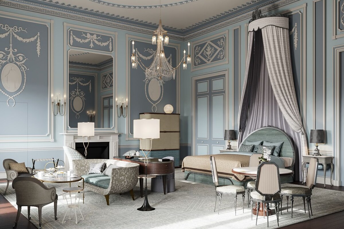 A luxurious bedroom with a large bed, a chandelier, and ornate wall decorations.