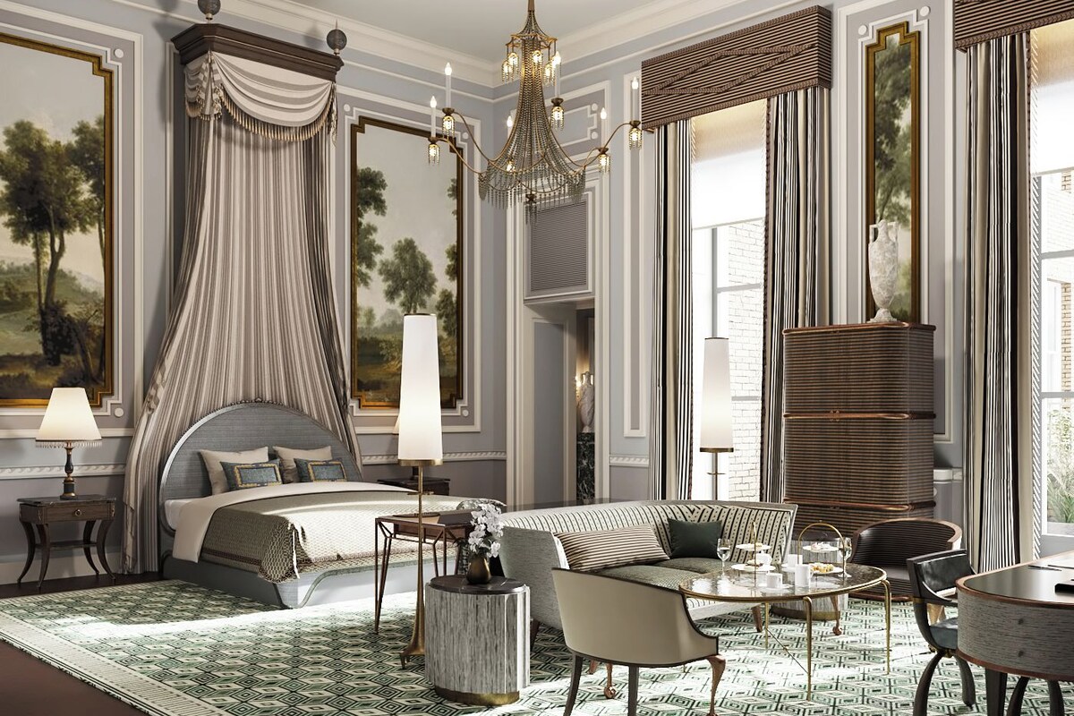 A luxurious bedroom with a canopy bed, a chandelier, and a view of the outdoors.