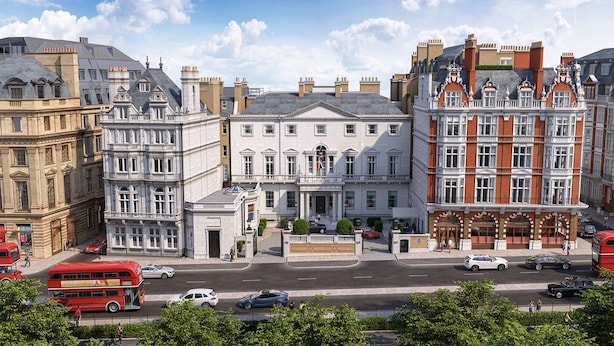 A street view with historic buildings, a red double-decker bus, and cars. - Cambridge House, Auberge Collection (London)