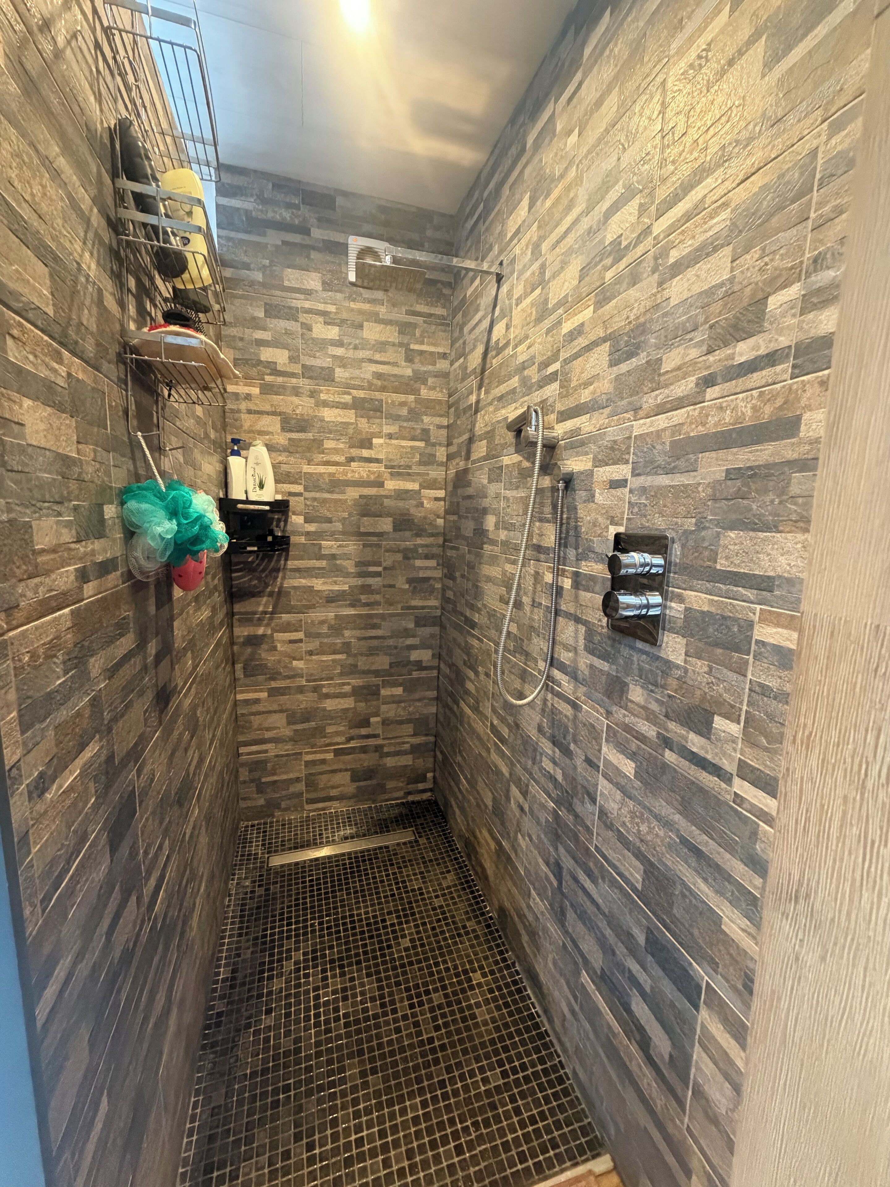 Une douche avec un mur carrelé, un pommeau de douche et un flexible de douche.