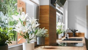 A modern kitchen with wooden flooring, white flowers in pots, and a built-in stove. - Relaxing time-out on approx. 100sqm in an idyllic location with a large covered terrace (Jühnde)