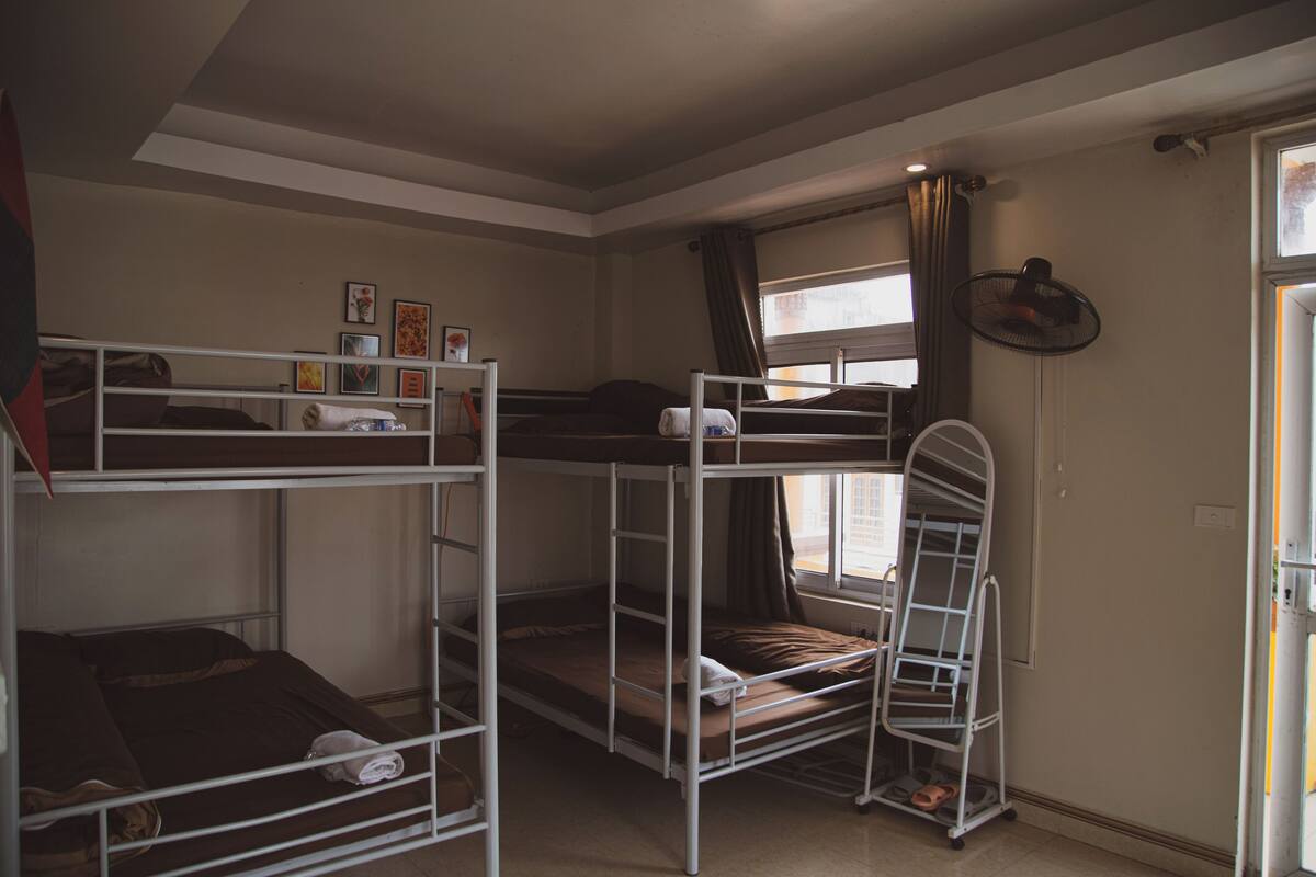 A dormitory room with bunk beds, a window with curtains, and a standing fan.