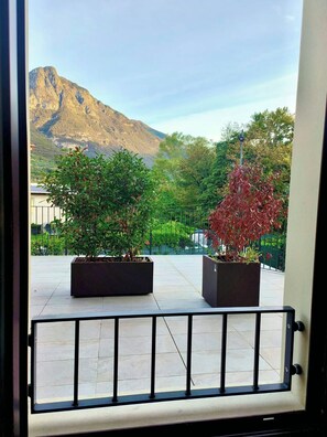 Un balcon avec deux plantes en pot et une vue sur une montagne.