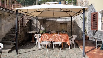A covered outdoor patio with a table and chairs, stone steps, and a staircase.