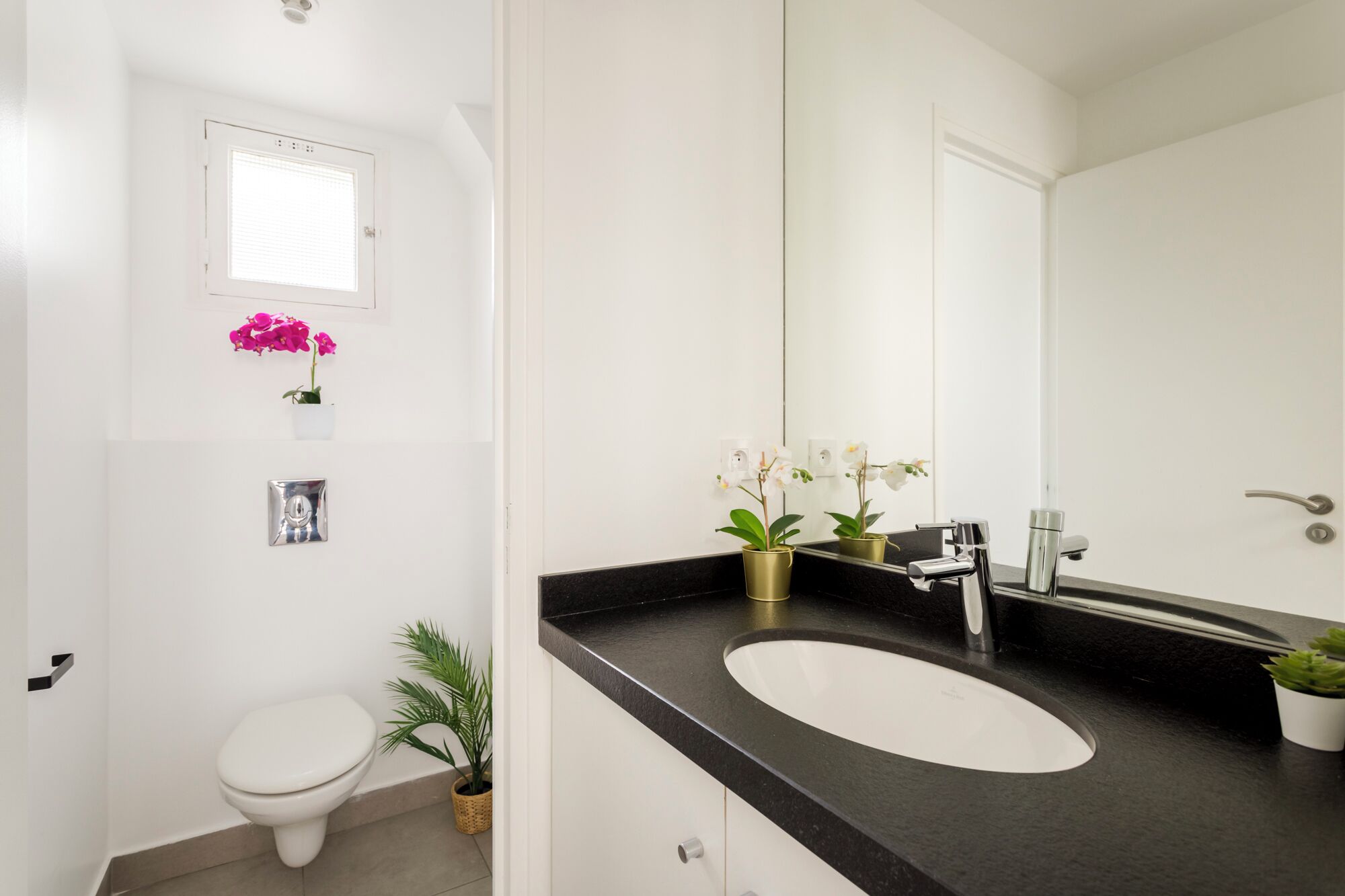 Une salle de bain moderne avec des toilettes blanches, un lavabo noir et un grand miroir. On y trouve des plantes en pot et un petit tableau encadré accroché au mur.