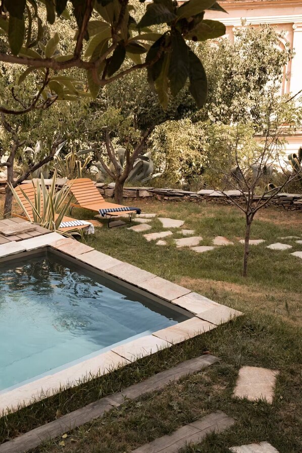A swimming pool with a stone border, surrounded by grass and a few trees.