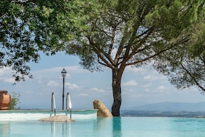 A tree, a lamp post, and a clear blue pool with a view of distant mountains.