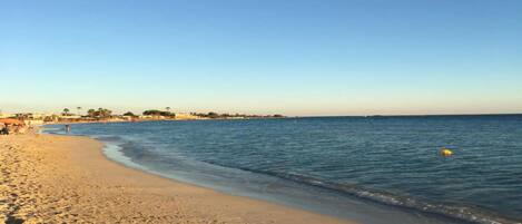 Una playa con arena y agua tranquila.