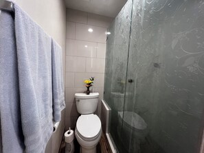 Shower, hair dryer, towels, soap
