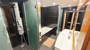 Shower, jetted tub, hair dryer, towels