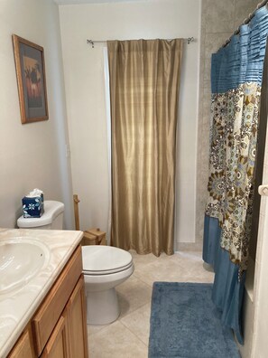 Une salle de bain avec des toilettes, un lavabo et un rideau de douche.