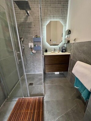 Douche, séchoir à cheveux, serviettes fournies