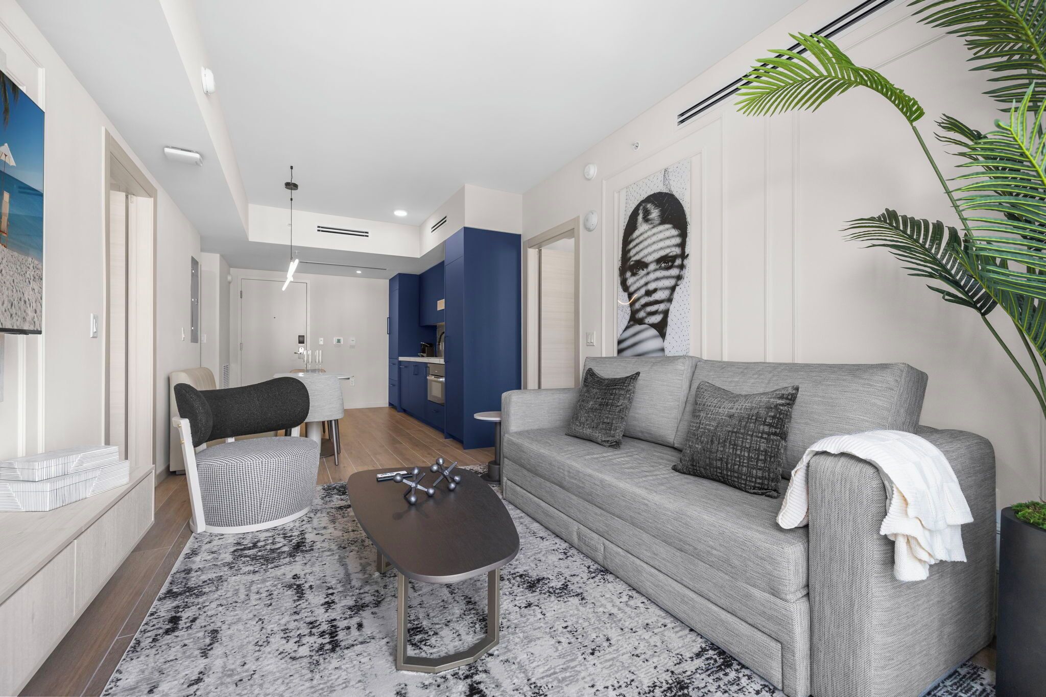 A modern living room with a grey sofa, a black coffee table, and a patterned rug.