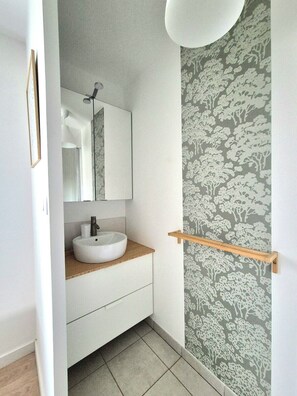 Shower, hair dryer, towels