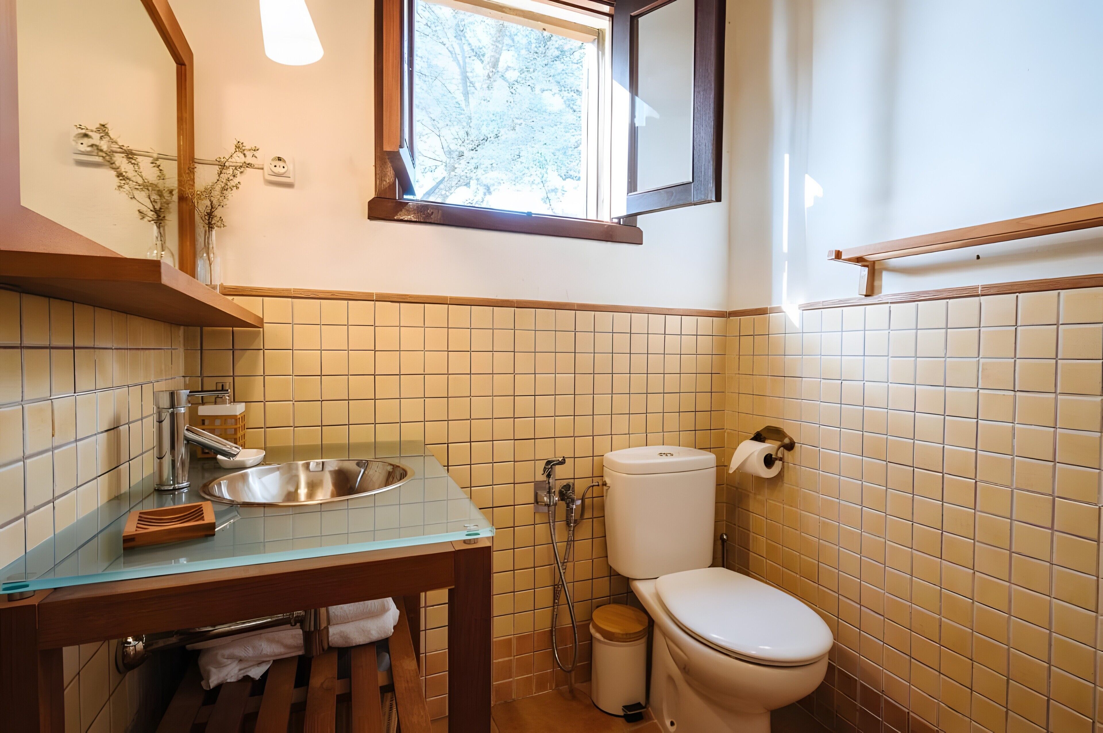Un baño con encimera de vidrio, lavamanos de acero inoxidable, inodoro y ventana con vistas a árboles.