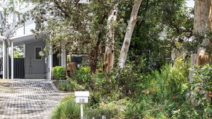 Una propiedad residencial con entrada pavimentada, buzón y abundante vegetación.