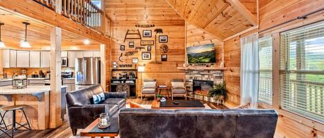 Télévision, cheminée, baby-foot, livres