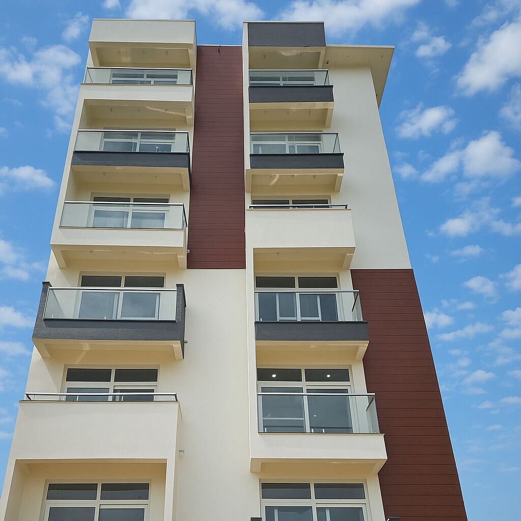 Um edifício com várias andares, varandas, janelas amplas e um céu claro.