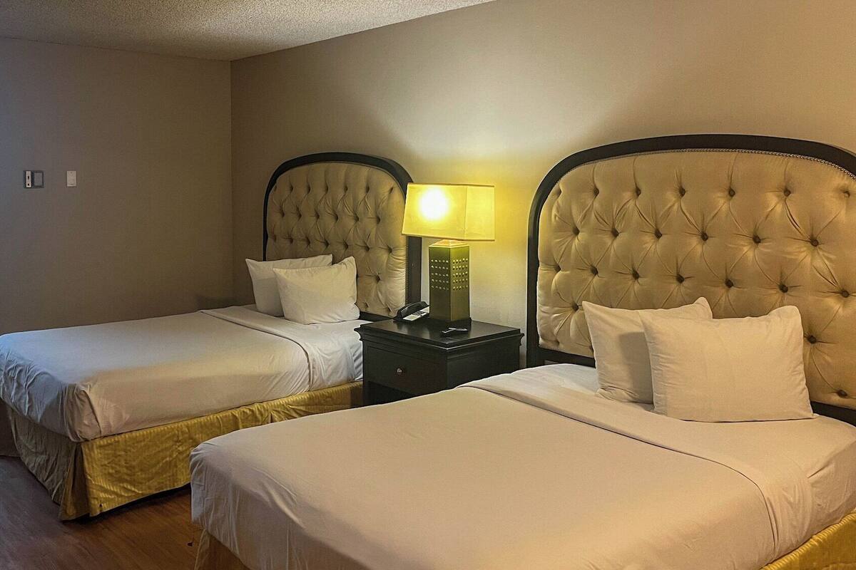 A hotel room with two beds, each with a headboard and a bedside table with a lamp.