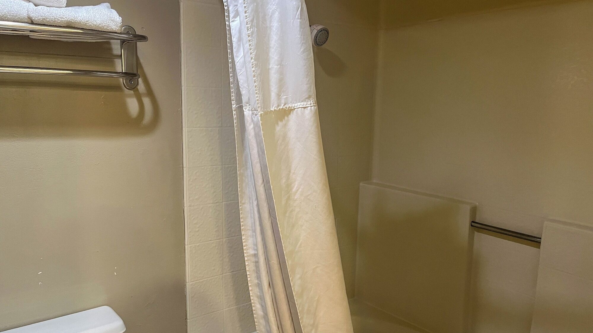 Un baño con cortina de ducha, toallero y retrete.