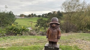Een standbeeld van een beer met een hoed en jas, op een sokkel in een grasveld, met uitzicht op een landelijk landschap.