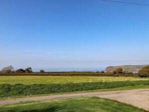 A rural landscape with a dirt road, green fields, and a distant view of the sea and cliffs. - Ty Felin (Newport)