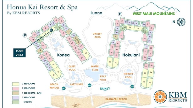 A resort map with villa numbers, amenities like pools and BBQs, and labeled areas such as 'Kona' and 'Hokulani'. - Honua Kai | Ocean View 6 BR, Sleeps 18 | Car Incl. w/ 6+ Nights | HKK ML-1442 by KBM (Lahaina)