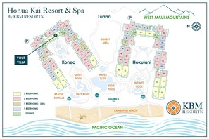 A resort map with villa numbers, amenities like pools and BBQs, and labeled areas such as 'Kona' and 'Hokulani'.