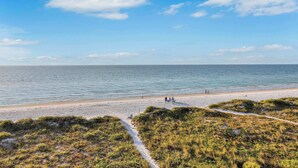 En strand med en klar himmel, en sandstrand och lite vegetation i förgrunden.
