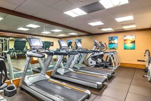 A gym with multiple treadmills, exercise bikes, and weight machines.