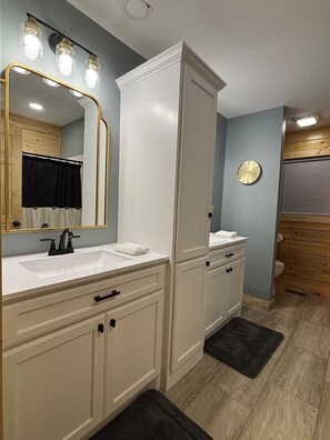 Shower, towels, soap, toilet paper