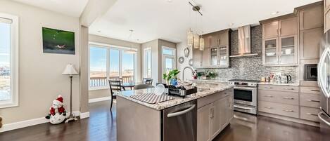 Een microgolfoven, een oven, een kookplaat, een vaatwasser