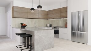 Full-size fridge, microwave, oven, stovetop