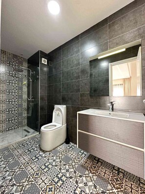 Douche, séchoir à cheveux, serviettes fournies, savon