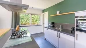 A modern kitchen with a gas stove, a sink, and a window with a view of greenery. - Luxury 8-person Holiday Villa (De Koog)