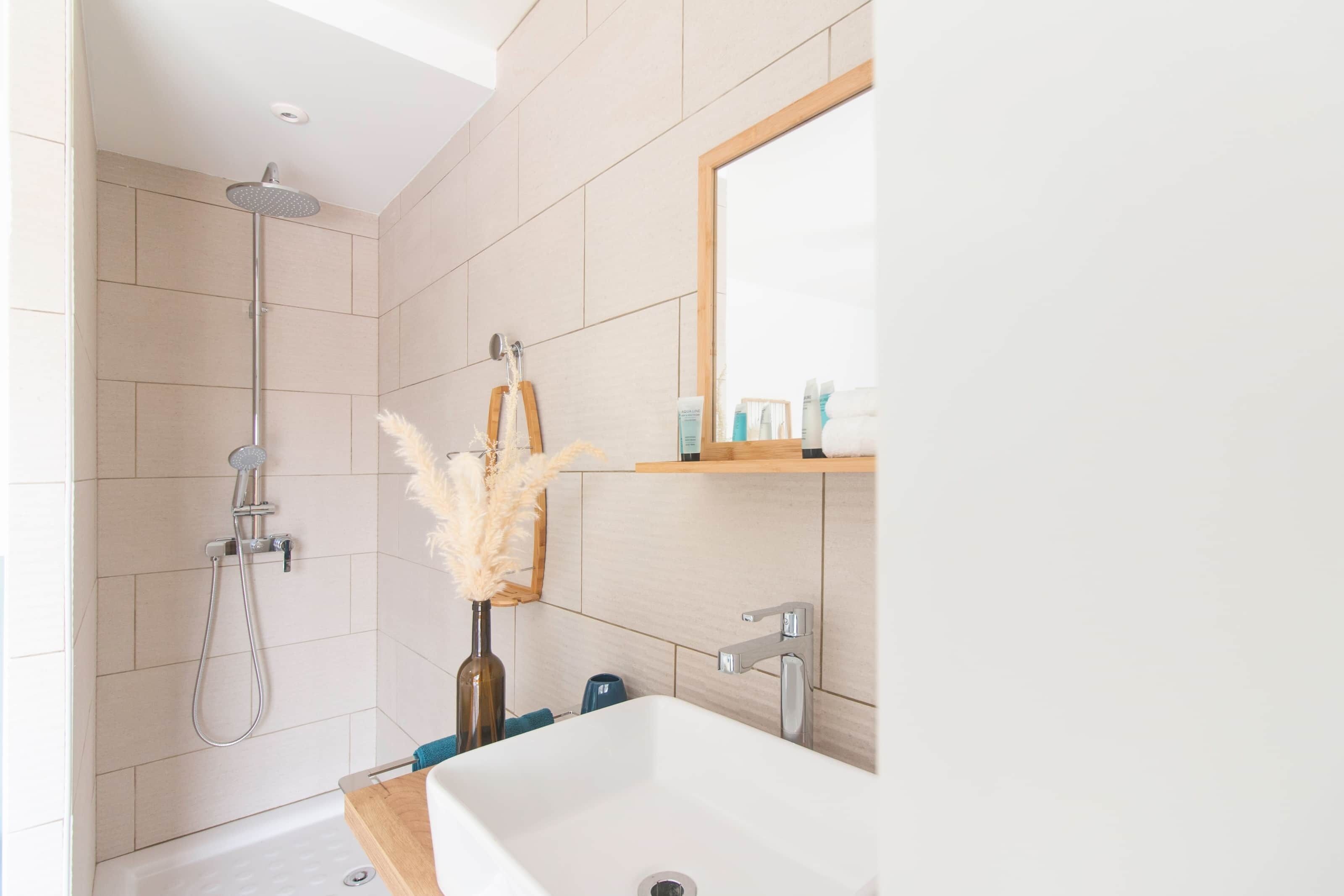 A modern bathroom with a shower, sink, and mirror.