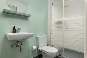 Douche, séchoir à cheveux, serviettes fournies, savon